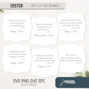 Op de afbeelding: Witte kaarten met geschulpte randen met Paasgevoelens en bijbelverzen. De kaarten bevatten zinnen als "Vrolijk Pasen!" en "Hij is verrezen!" De bovenste banner luidt "Pasen" en "Print & Cut Card Sentiments."
