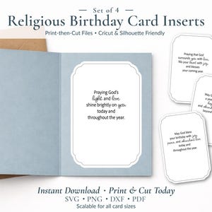 May include: A set of four religious birthday card inserts with various blessings. The cards are white with a decorative border and feature printed messages. The image also shows a light blue card and a brown envelope.