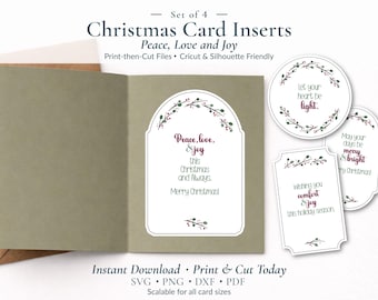 Printable Christmas Card Sentiment bundle, Peace Love and Joy Print & Cut SVG, PNG Files for Cutting Machines (digital download)