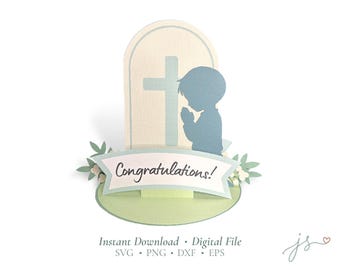 Baptism Centerpiece Svg, 3D Paper Boy Praying Cross Decor, First Communion, Christening, printable banner, Cricut, svg, dxf, png, eps