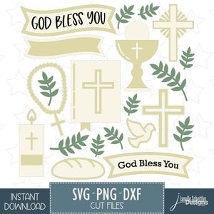Lot Première communion SVG | Symboles religieux Couper des fichiers | calice, croix, pain, bible, colombe, bougie | Téléchargement numérique Cricut & Silhouette