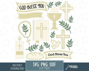 May include: A set of digital cut files for crafting, featuring a variety of religious symbols, including crosses, a dove, a chalice, a candle, a rosary, and a loaf of bread. The design also includes the text "God Bless You".