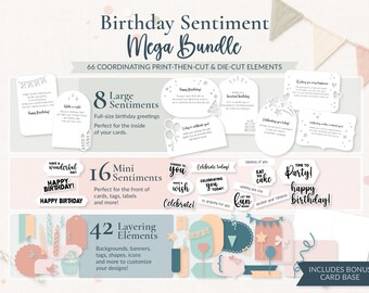 Birthday Card Sentiment Mega Bundle SVG | Large and Small Print Then Cut Inserts with Layering Elements | PNG PDF (Digital Download)