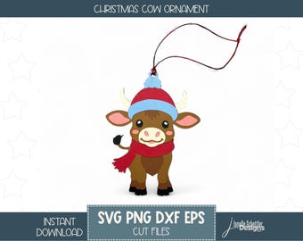 Christmas Cow Ornament SVG: Holiday Highland Cow Cut File, Christmas Gift, Cricut & Silhouette or Laser Cutter (Digital Download) PNG, DXF