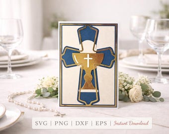Chalice Cross Card SVG File: Religious Sacraments, First Communion, Confirmation, Layered Greeting Die Cut Design (Digital Download) PNG DXF
