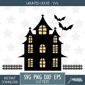 May include: A black silhouette of a haunted house with bats flying above. The house has multiple windows with a light-yellow glow, a picket fence, and the text "HAUNTED HOUSE - SVG". The image also includes the text "SVG PNG DXF EPS CUT FILES".