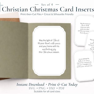 May include: A set of four Christian Christmas card inserts featuring religious text in black script on white scalloped-edge paper. The inserts are shown inside a folded tan card and as individual pieces, with file formats listed as SVG, PNG, DXF, and PDF.