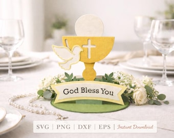 First Communion Chalice Centerpiece SVG, Layered 3D Cut file decor for Catholic Religious, Cricut and Silhouette (Digital Download) PNG, DXF
