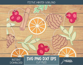 Pine cones, Oranges and Cranberry Winter Garland SVG - Foliage leaves, Cinnamon Sticks,  Digital Cut File for Cricut & Silhouette