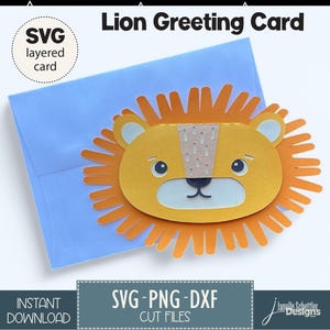 Cartão de felicitações em formato de cabeça de leão SVG, arquivo de corte de cartão dobrado 5x7" Cricut & Silhouette, cartão de aniversário de safári na selva com animais selvagens, download instantâneo