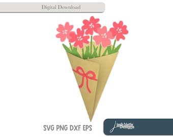 May include: A paper cone bouquet with pink flowers and green stems. The cone is tan with a red bow. The words "Digital Download" are at the top, and "SVG PNG DXF EPS" are at the bottom.