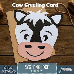 Tarjeta de felicitación con forma de cabeza de vaca SVG, archivo de corte de tarjeta plegada de 5 x 7 pulgadas, SVG de animal de granja, tarjeta de cumpleaños campestre, Cricut y Silhouette, descarga instantánea