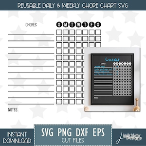 May include: A black and white chore chart SVG design with space for daily and weekly tasks. The chart includes a section for chores and notes, with a separate area for tracking daily progress. The text "Lucas" is written on the chart.
