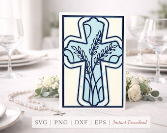 Può includere: Un disegno a forma di croce azzurra con accenti di foglie, su sfondo crema. La croce è incorniciata da un bordo blu scuro. L'immagine include il testo "SVG | PNG | DXF | EPS | Instant Download".