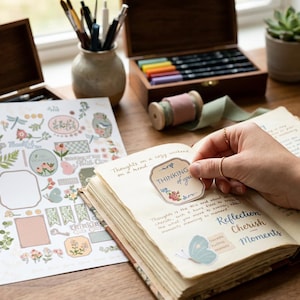 May include: A journal with stickers and a scrapbook page. The stickers feature floral and botanical designs, with phrases such as "Thinking of you" and "Thankful." A hand is placing a sticker on an open journal with handwritten text. The scene is set on a wooden table.