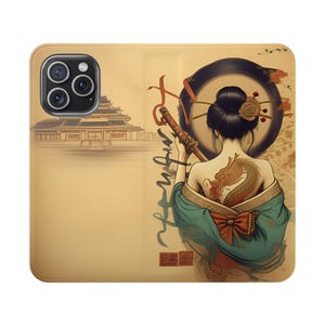 Elegant Japanese Geisha Art Flip Case, Phone Wallet Cover, Cute Card Holder, Gift for Her, Unique Smartphone Accessory