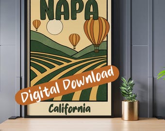 Napa Valley Digital Vintage Poster - California Vineyards Art Print, 300dpi png, instant download retro travel wall art
