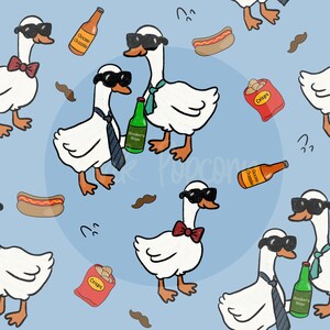 May include: A seamless pattern featuring cartoon geese wearing sunglasses and bow ties, holding beer bottles and bags of crisps. The background is a light blue colour with a repeating pattern of moustaches, hot dogs, and question marks.