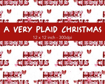 Merry Christmas Seamless Pattern Digital Download, Pink Red Buffalo Check Christmas Wrapping Paper, Coquette Bow Holiday Fabric PNG