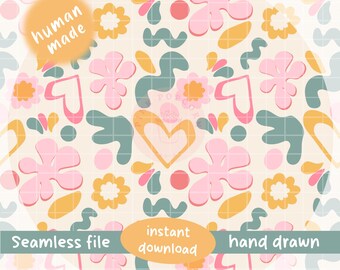 Retro Floral Seamless Pattern: Boho Heart Design (PNG Digital Download 300dpi 13"x13")