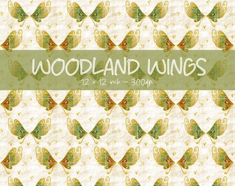 Woodland Wings Seamless Pattern Digital Download, Fairy Wings Forest Green Gold, Junk Journal & Fabric Print