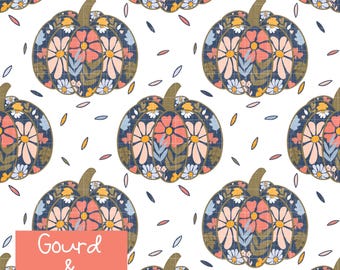 Patrón floral bohemio de calabaza sin costuras: Diseño digital de arte popular otoñal dibujado a mano (descarga PNG de 30,5 x 30,5 cm)