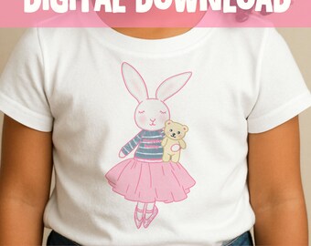 Ballerina Bunny PNG Hand Drawn Easter Kids Shirt Design Cute Rabbit Clipart Transparent Download Sticker