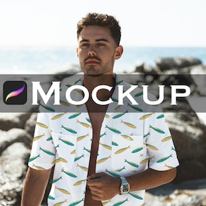 Mens Shirt Procreate Mockup, Beachwear Model Scene, Tropical Summer Shirt Template, Button Up Mockup, Loud Shirt Mockup