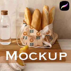 May include: A reusable shopping bag filled with baguettes, featuring a floral pattern in orange and green. A clear glass water bottle with a wooden cap sits to the left. The word "MOCKUP" is displayed in white text.