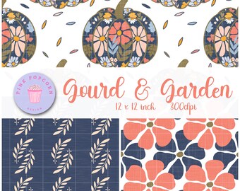 Gourd & Garden Seamless Digital Pattern Bundle, Hand Drawn Fall Pumpkin Floral Digital File, Autumn  Backgrounds, Home Decor and Accessories