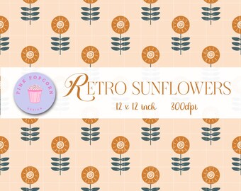 Retro Sunflower Seamless Pattern PNG, Hand Drawn Boho Floral Digital Design,Vintage Floral Print Background for Fabric, Scrapbooking&Crafts
