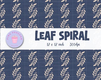 Leaf Spiral Seamless Pattern, Blue Botanical Digital Paper, Rustic Farmhouse Autumn Foliage Background, Fabric & Craft Design
