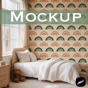May include: A bedroom mockup featuring a bed with white bedding, pillows, and a teddy bear. The wall is decorated with a repeating rainbow pattern in shades of green, orange, and pink. The word "MOCKUP" is displayed in large white letters.