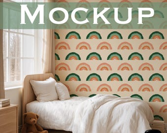 Retro boho kinderkamer behang mockup, voortplanten digitaal interieur, kinderkamer behang, decor kinderkamer, inrichting kinderkamer