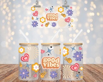 Retro Good Vibes Glass Can Wrap: 70s PNG Digital Download
