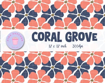 Coral Grove, Retro Floral Seamless Pattern PNG for Women’s Accessories & Apparel, Coral and Navy Mid-Century Flower Print Fabric Design