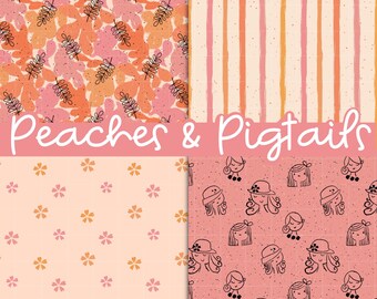 Peaches and Pigtails Seamless Pattern Collection, Cute Girls Pattern Bundle, Floral & Character Prints, Commercial Use PNG