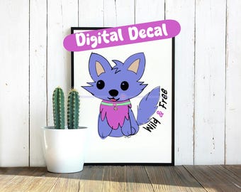 Lindo lobo azul pegatina digital PNG imprimible PNG calcomanía PNG 300 DPI PNG descarga instantánea vinilo tela UVDTF lobo transparente PNG habitación infantil