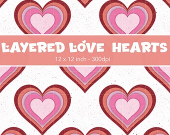 Layered Love Hearts Seamless Pattern, Hand Drawn Valentine Hearts, Retro Pink Heart Repeat Design, 12x12 Inch PNG 300 DPI
