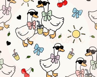 Summer Geese Seamless Pattern: Sunglasses, Drinks PNG (Digital Download)