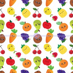 Op de afbeelding: Een naadloos patroon met verschillende vruchten en groenten met schattige cartoongezichten. Het patroon bevat citroenen, ananas, kersen, appels, peren, sinaasappels, wortels, druiven en kokosnoten.