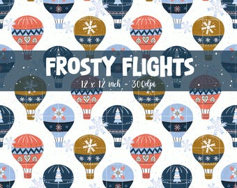 Winter Hot Air Balloon Seamless Pattern Digital Download, Christmas Snowflake Balloon Digital Paper, Winter Folk Art for Kids