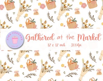 Gathered at the Market  Seamless Pattern, Boho Farmers Market Digital PNG, Floral Basket & Bouquet Pattern, Hand Drawn, Fall Market Pattern