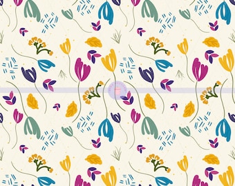 Könnte beinhalten: Ein nahtloses Muster mit verschiedenen bunten Blumen und abstrakten Formen auf cremefarbenem Hintergrund. Die Blumen sind in den Farben Rosa, Gelb, Blau und Lila gehalten. Die abstrakten Formen sind in Blau- und Weißtönen gehalten.