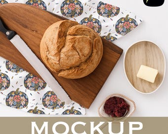 Decorative Tea Towel Mockup, Fall Kitchen Linen Mockup, Procreate Mockup for Designers, Bread Board Flatlay, Autumn Farmhouse Scene