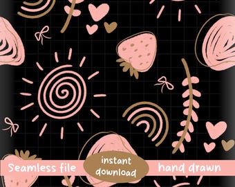 Strawberry Dream Seamless Pattern: Pink Hearts, Rainbows (PNG Digital Download 300dpi 13"x13")