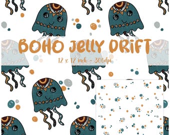 Boho Jellyfish Seamless Pattern for Kids, Ocean Baby Digital Paper, Cute Sea Animal Nursery Print, 12x12" 300DPI, Instant Download PNG