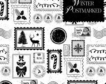Christmas Seamless Pattern,Vintage Christmas Stamps Digital Paper,North Pole Mail, Santa Post, Reindeer & Candy Cane Holiday Pattern