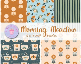 Morning Meadow Seamless Pattern Bundle, Floral, Cute Mug, Bug & Stripe Hand drawn Digital Design for Scrapbooking, Fabric Design, Home Decor