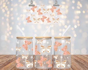 Boho Butterfly Glass Can Wrap PNG: 16oz Libbey Cup Design (Digital Download